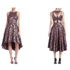 SACHI & BABI NOIR METALLIC ROSE GOLD HI-LO Cut Out sleeveless midi floral GOWN 0
